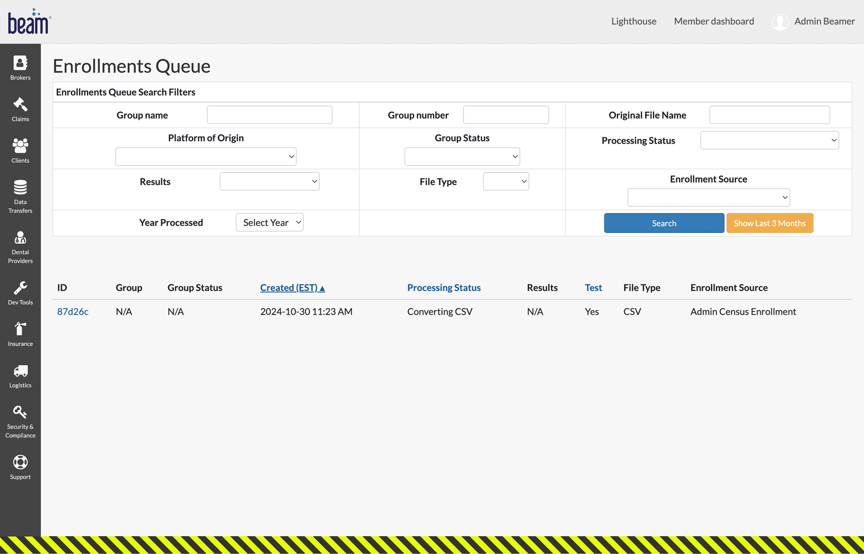 Screenshot of Beam's Admin screen showing a census was uploaded, with a clickable ID #